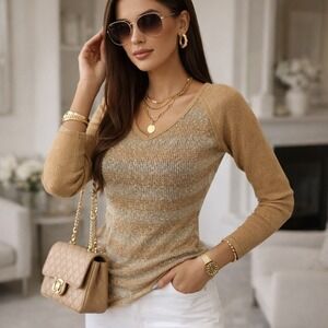 🔥🔥🔥Miss Me Gold Metallic Knit Sequin Striped V-Neck Raglan Long Sleeve Top